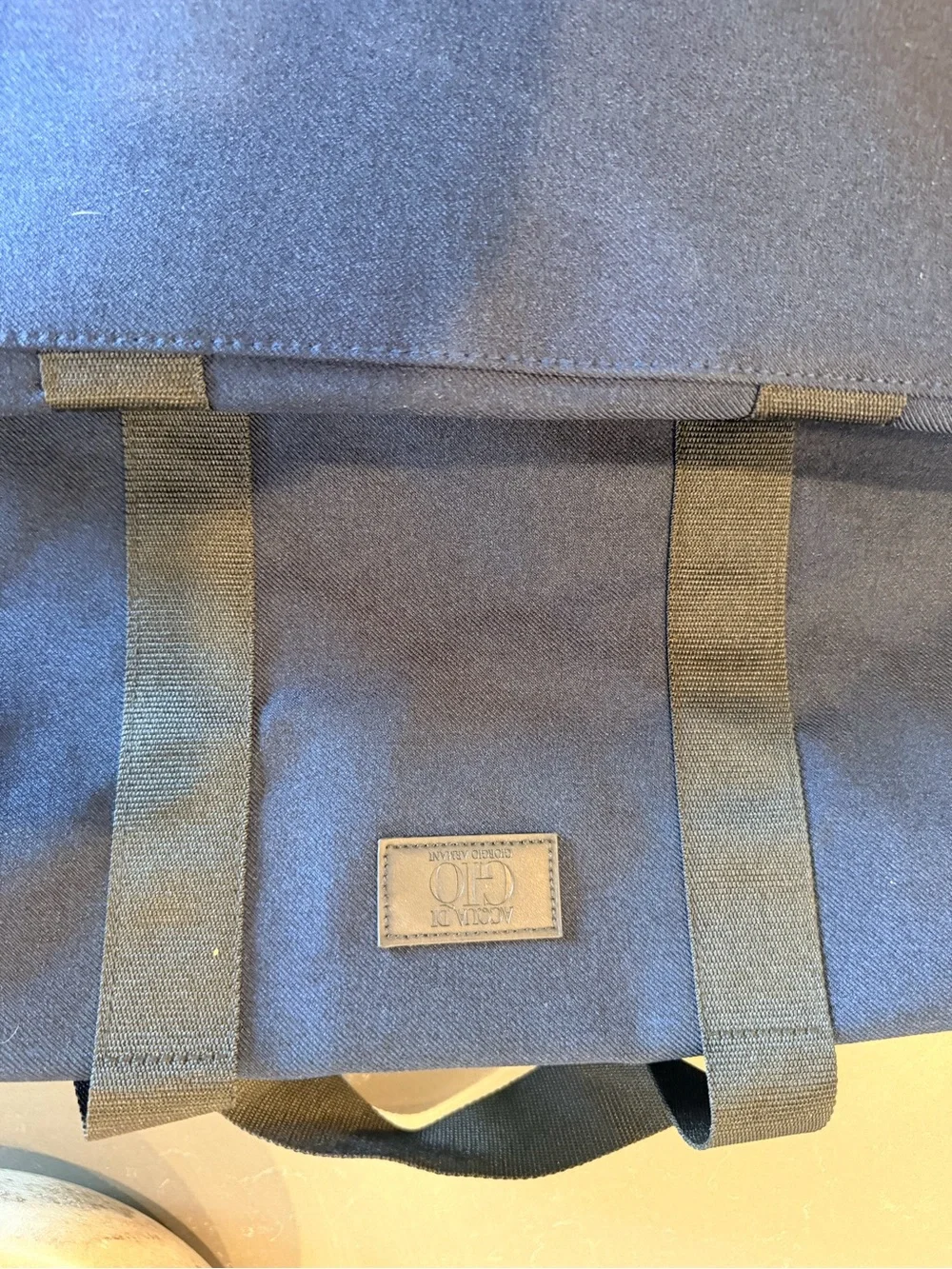 Giorgio Armani Navy Canvas Messenger Bag with Olive Web Straps